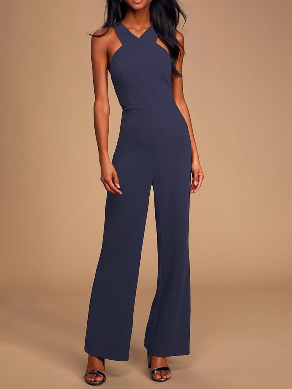 NWT Lulus Treat You Well Navy Blue Lace Halter Wide Leg Jumpsuit Size M